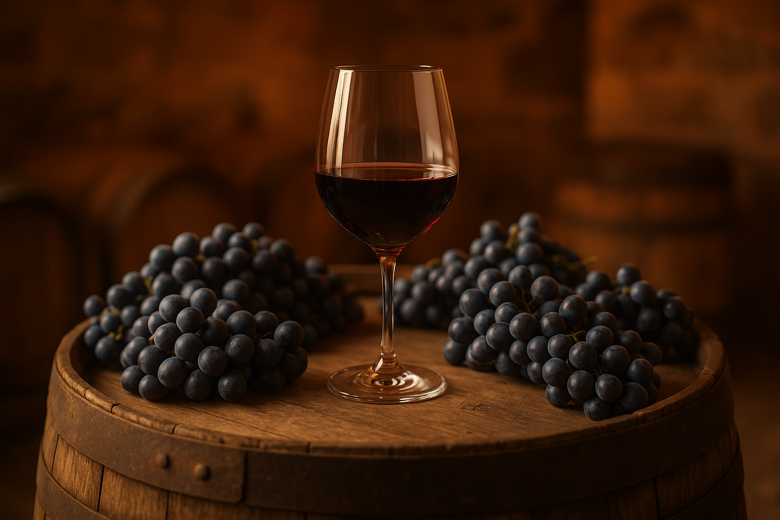 Copa de vino tinto junto a racimos de uva recién cosechados en el viñedo