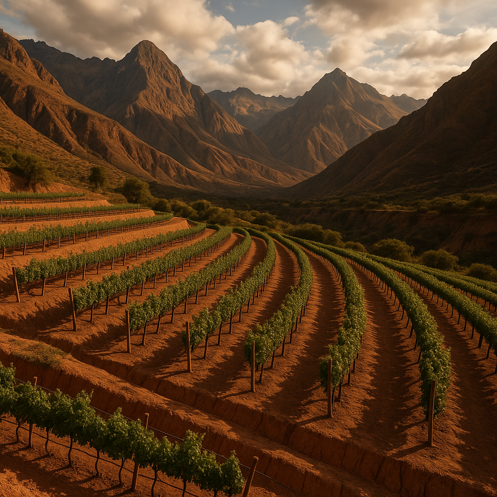 Hileras de viñedos en terrazas rodeadas de montañas andinas