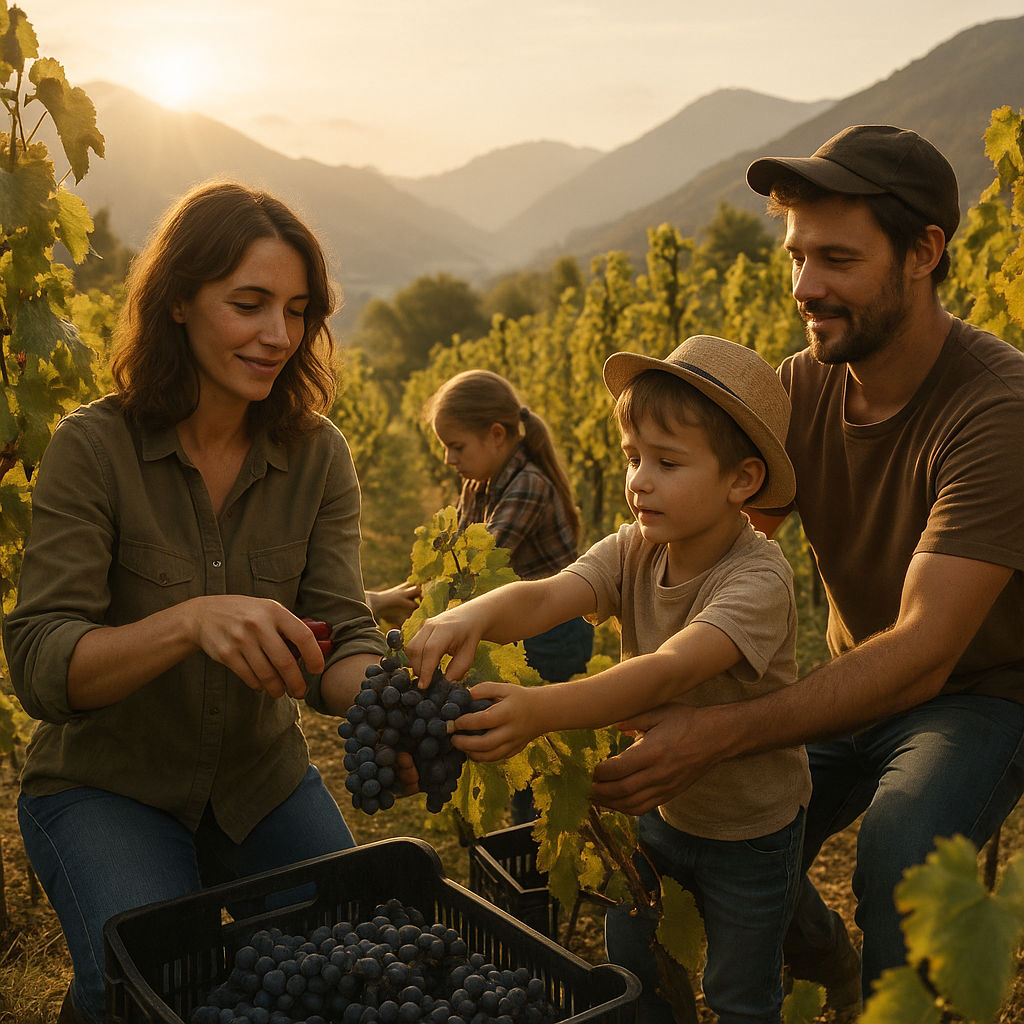 Familia trabajando en la cosecha de uvas de altura en Salta