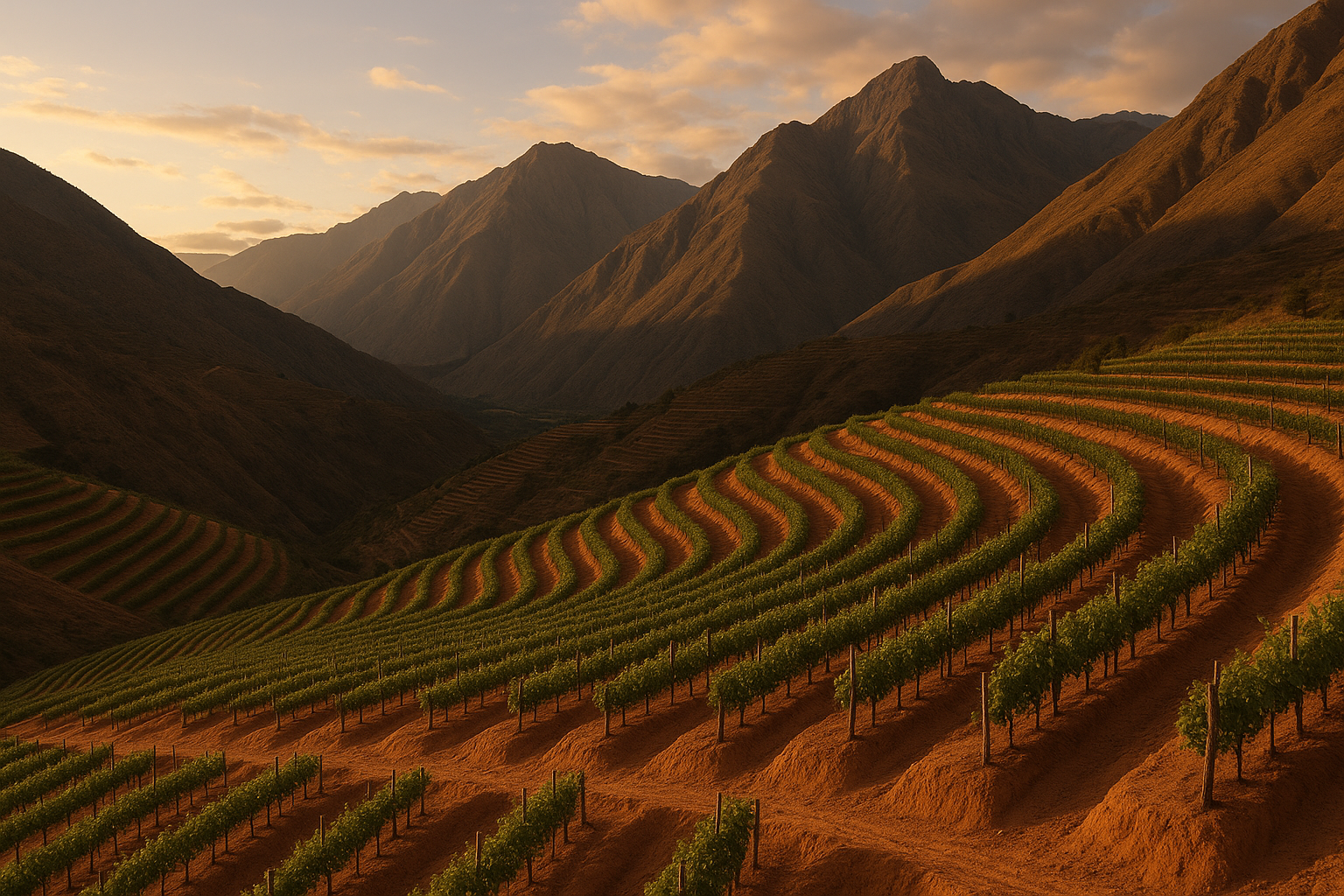 Viñedos en terrazas frente a la cordillera de los Andes al atardecer